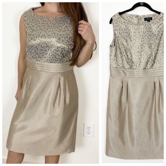 TAHARI ASL Gold Metallic Pleated Sheath Dress 12 Holiday Wedding Cocktail Party - Picture 1 of 7